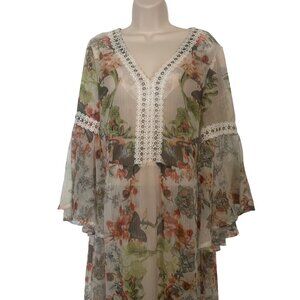 Alberto Makali Floral Sheer Long Dress Lace Trim Bell Sleeves Peasant Boho M